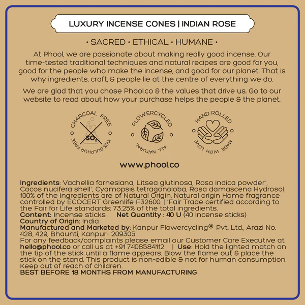NATURAL INCENSE CONES - INDIAN ROSE