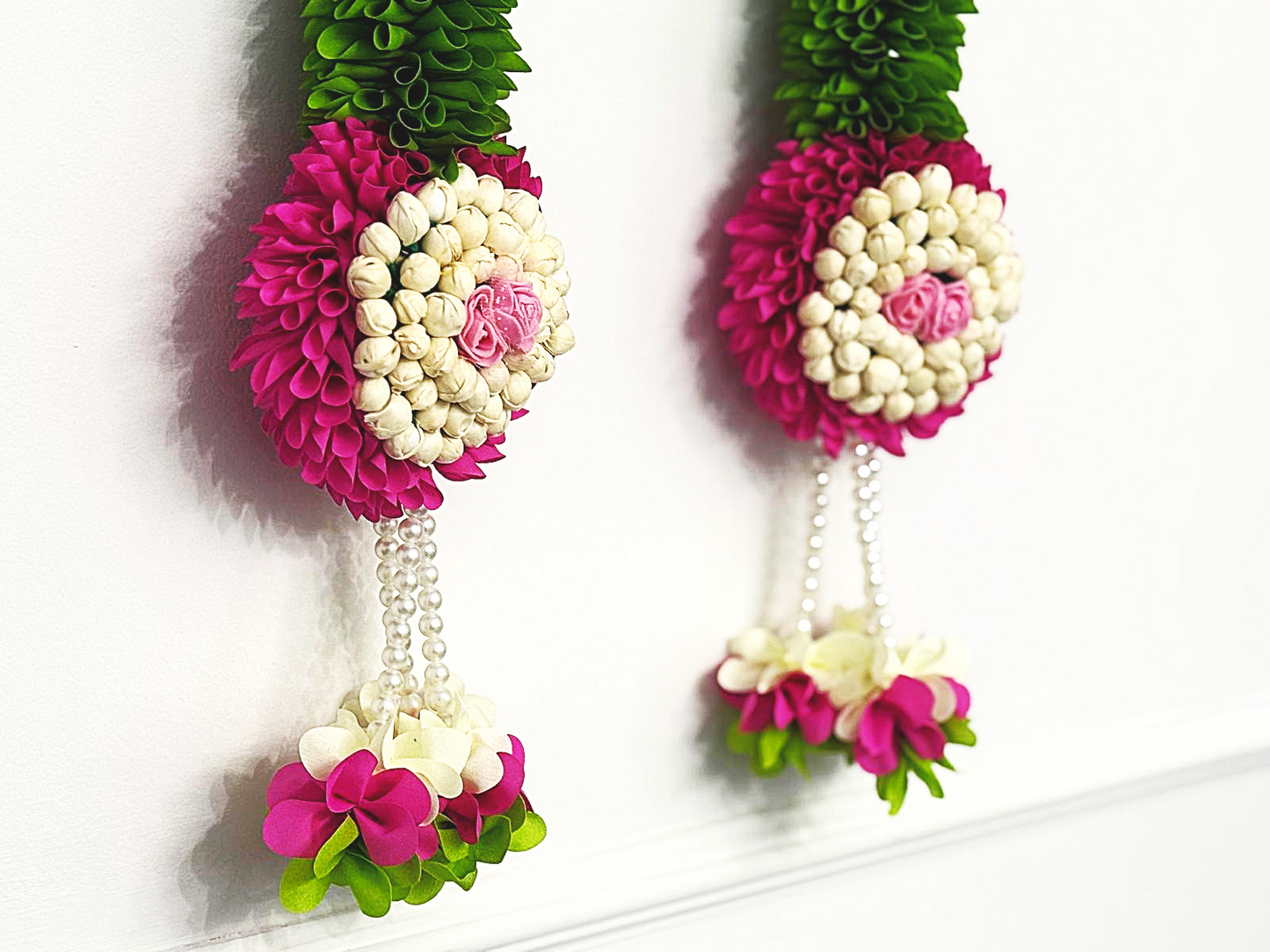 Artificial flowers made of white cloth for hanging on walls or stair cases - Set of Two