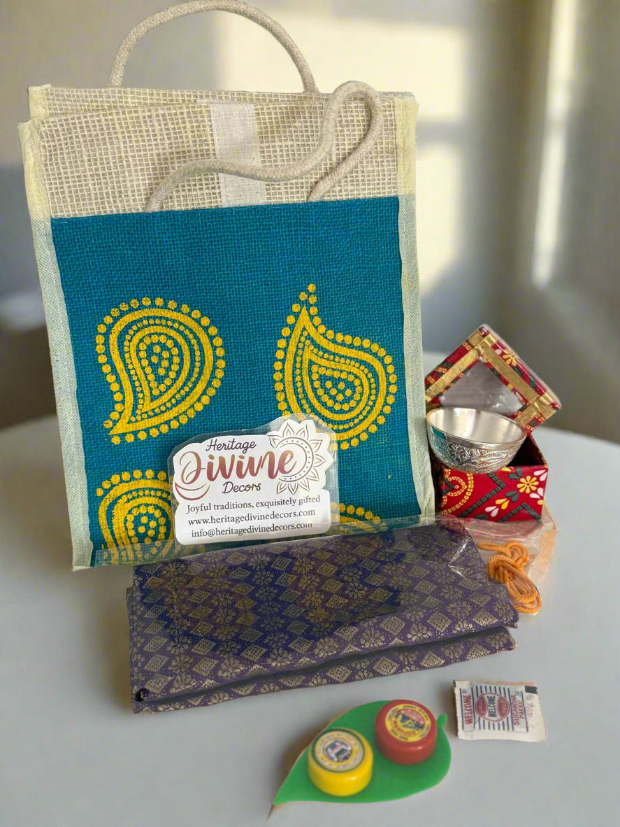 Return gift set with german silver Nakkashi bowl or prasad bowl