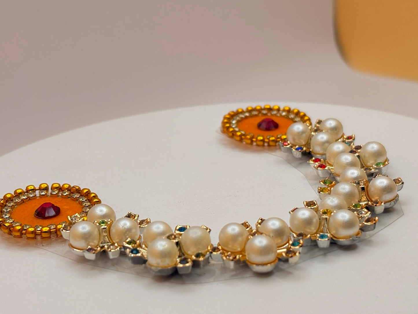 Round Pearl Stone Malaas | Vastram for God Frames 9X9 cm