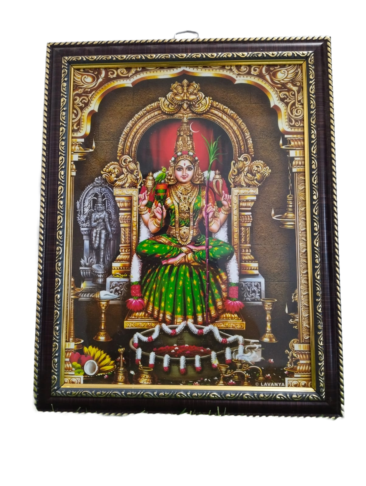 Kanchi Kamakshi Amman Wooden Photo Frame 12 X 9 inches. Helps her devotees overcome Depression & Anxiety