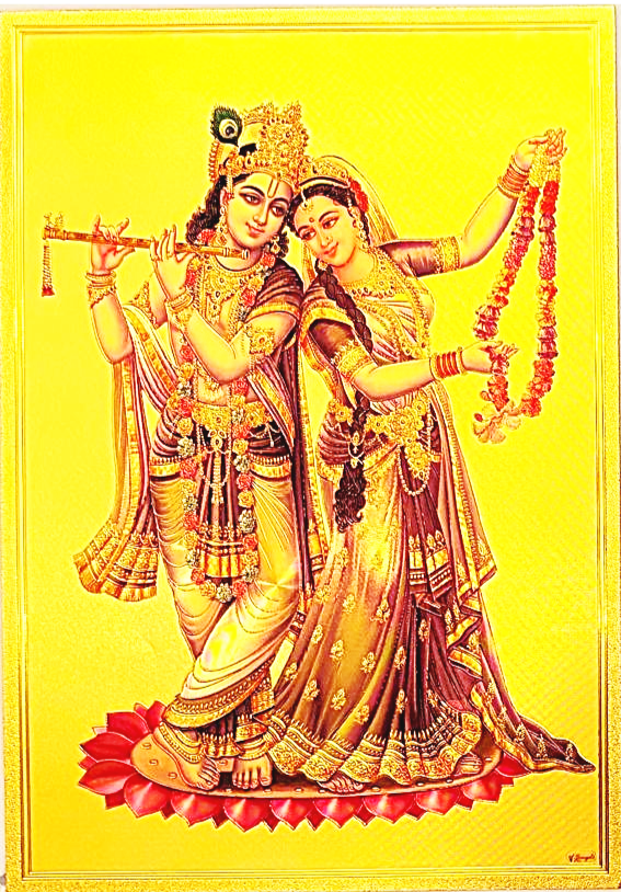 Lord radha krishna holding flute with waterfall in background and peacock multiple sizes