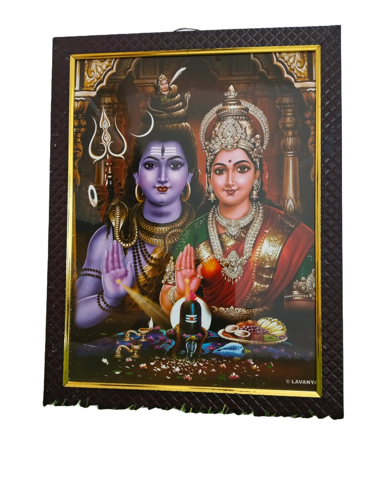 Lord Shiva & Parvati Both are Giving Blessing Poster Painting in Wood Frame (12 * 9 inches)