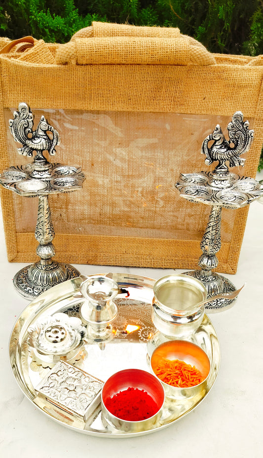 German Silver Budget-Friendly Pooja Set with Antique Peacock Diya Pair 🪔