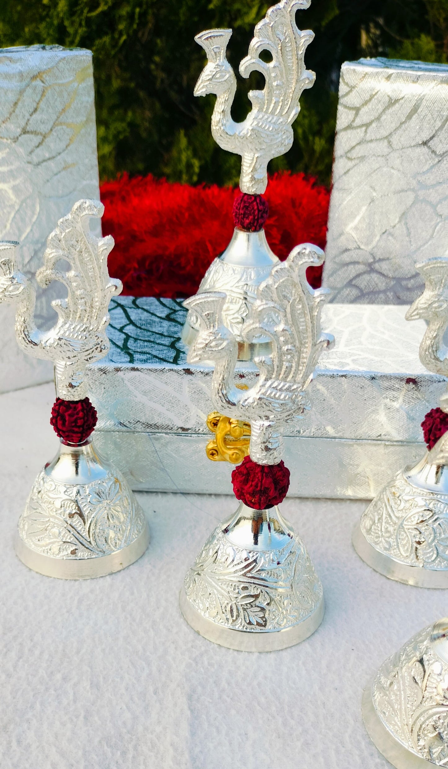 German Silver Peacock Bell with Rudraksh – 5.5” Divine Gift
