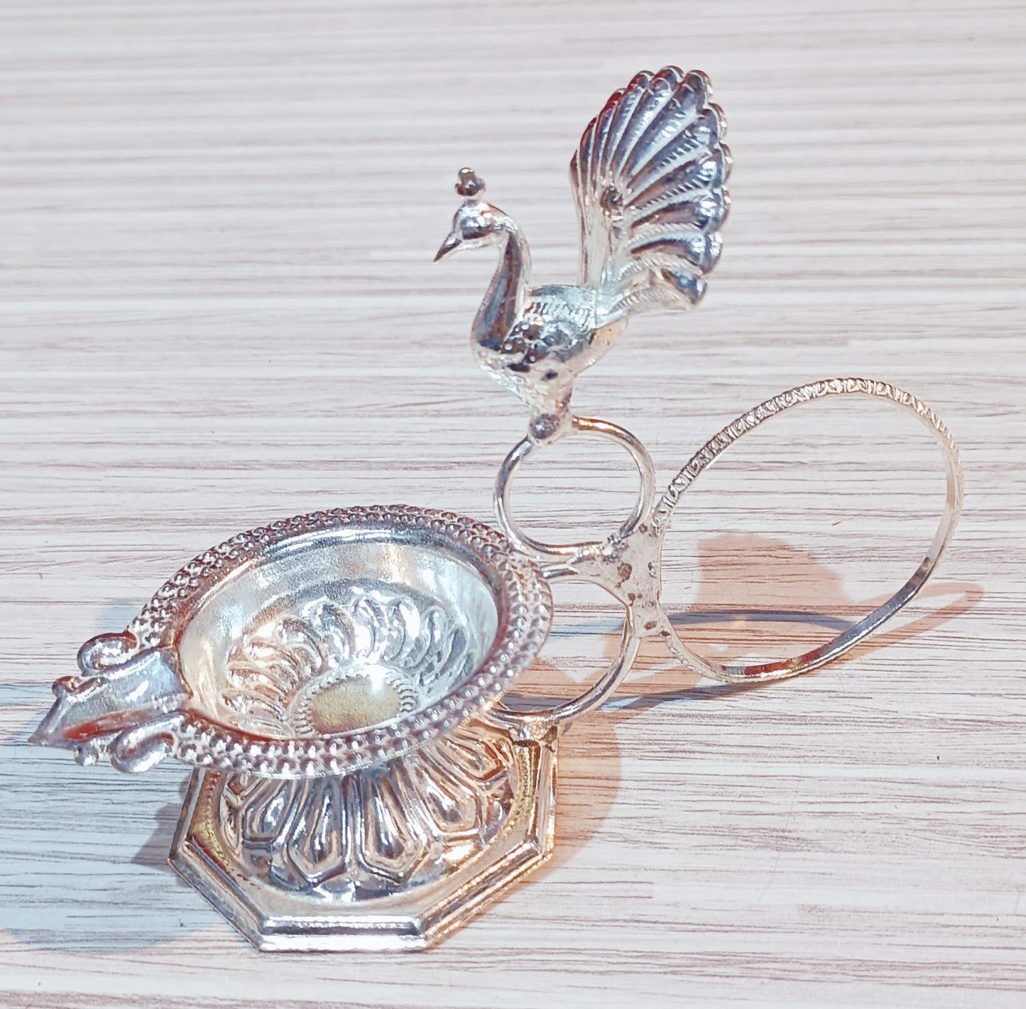 German Silver Peacock Handle Diya 🪔 – 5” Aarti Stand