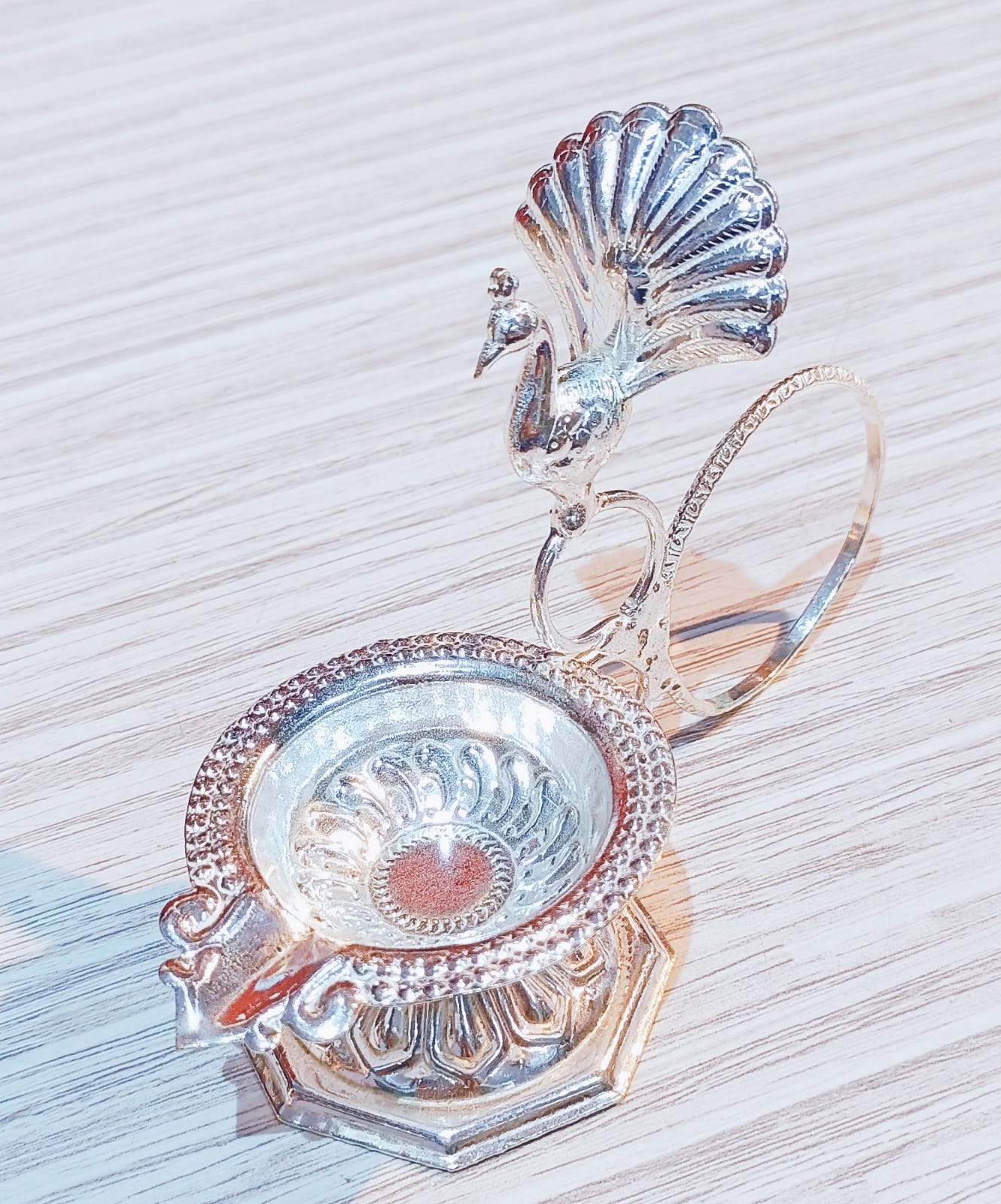 German Silver Peacock Handle Diya 🪔 – 5” Aarti Stand