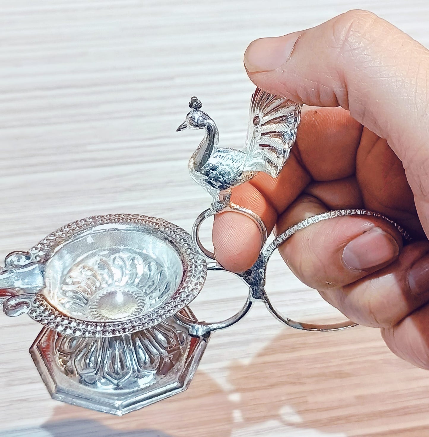 German Silver Peacock Handle Diya 🪔 – 5” Aarti Stand