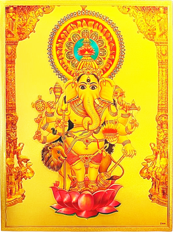 Maha ganapati with three eyes standing on red lotus print on golden fibre sheet with multiple sizes