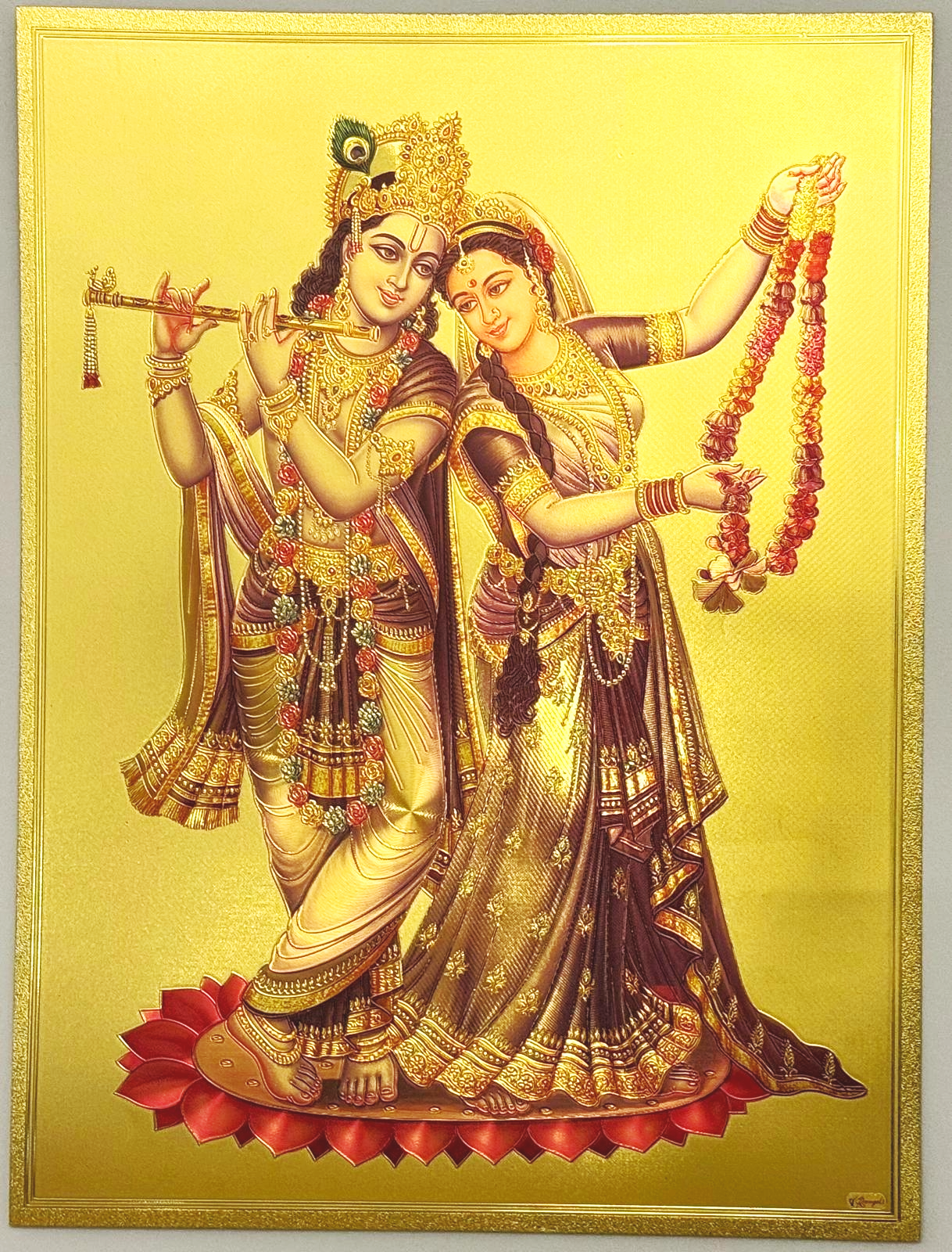 Lord radha krishna holding flute with waterfall in background and peacock multiple sizes