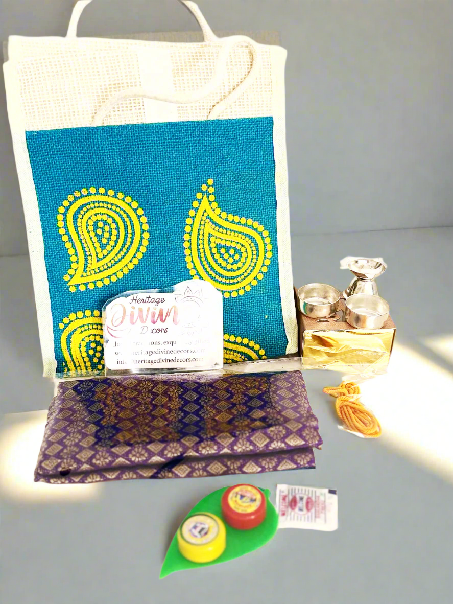 Return gift set with german silver diya, turmeric bowl and kumkum bowl