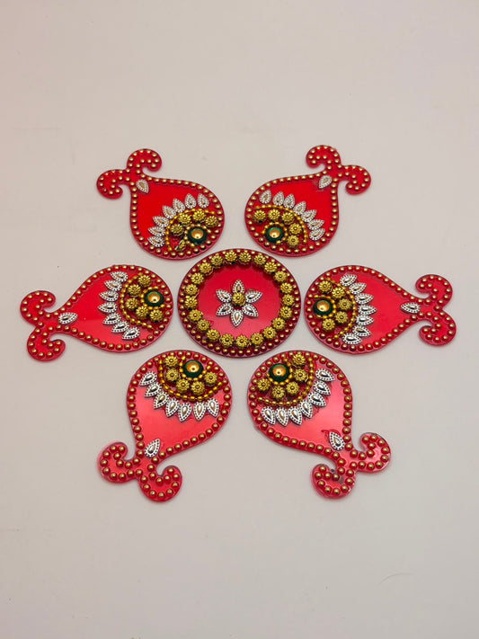 Floor Rangoli  Designer Reusable Small Acrylic Indian Traditional decorations for Home Decor Gift for Home Interior Floor Navratri Festival decor Decorations and Gifting (Size:- 7") (Red)