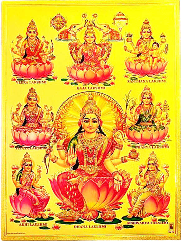 lakshmi devi seated on red lotus with two elephants on either side print on golden fibre sheet