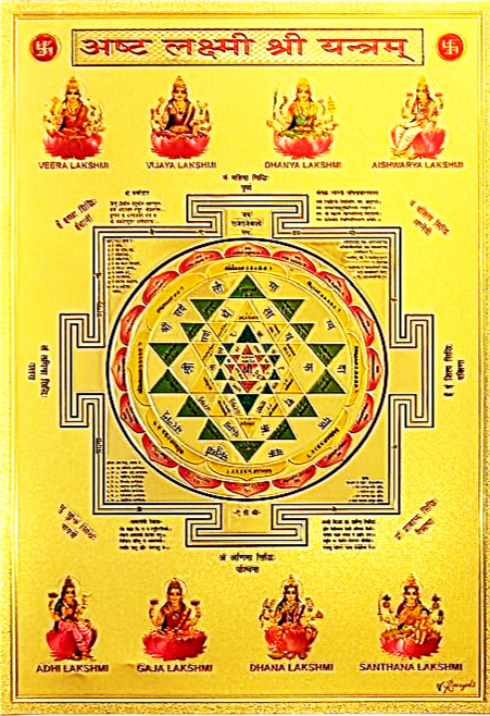 lakshmi devi seated on red lotus with two elephants on either side print on golden fibre sheet