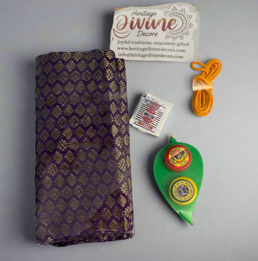 Design blouse piece, turmeric, kumkum, yellow thread thambulam set