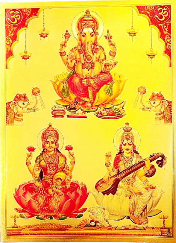 lakshmi devi seated on red lotus with two elephants on either side print on golden fibre sheet