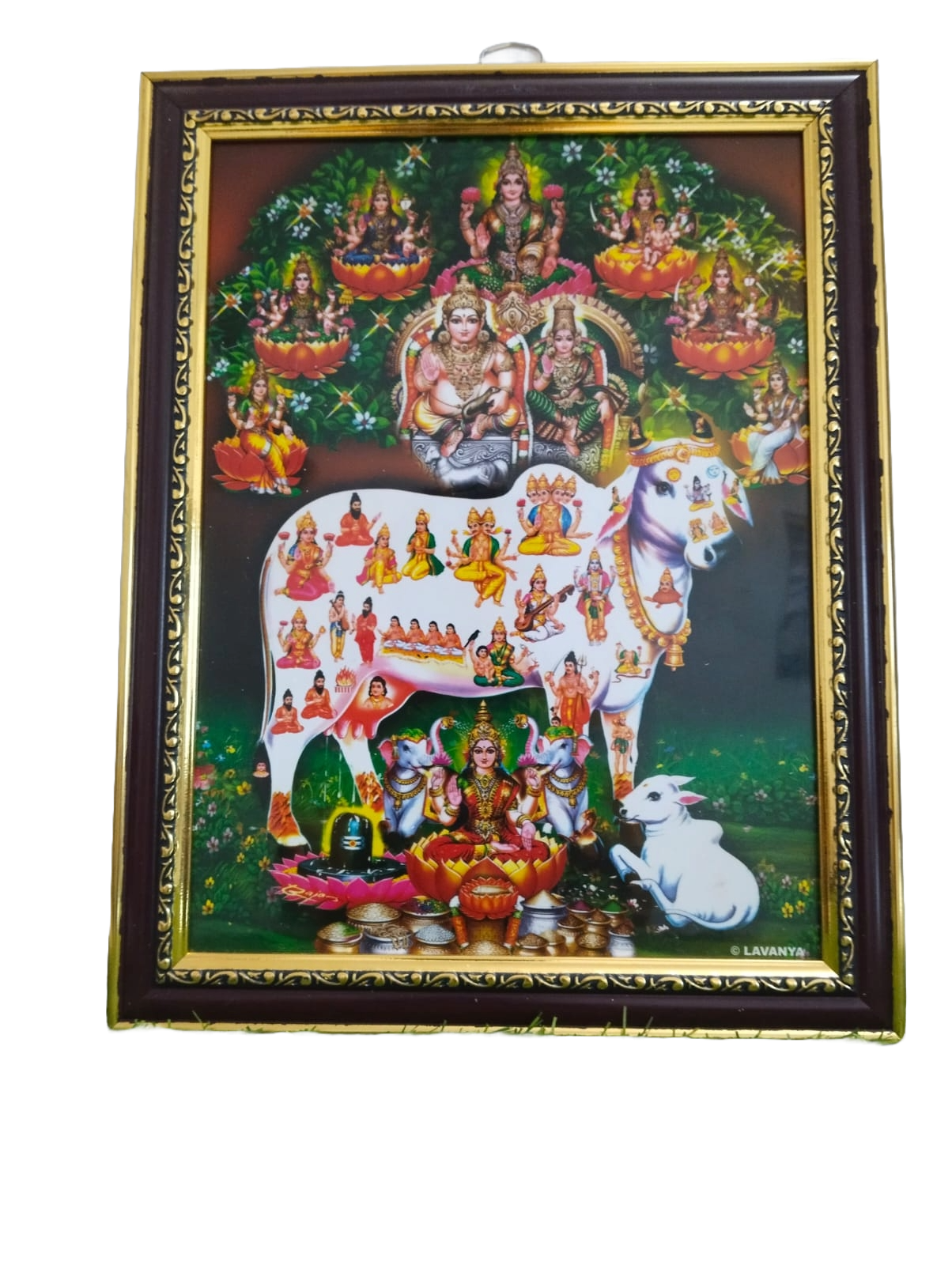 God Sri Gau Matha Kuberan Astha Lakshmi Wood Photo Frame Kuber Kubera bhagwan (12 x 9) inches, Brown)