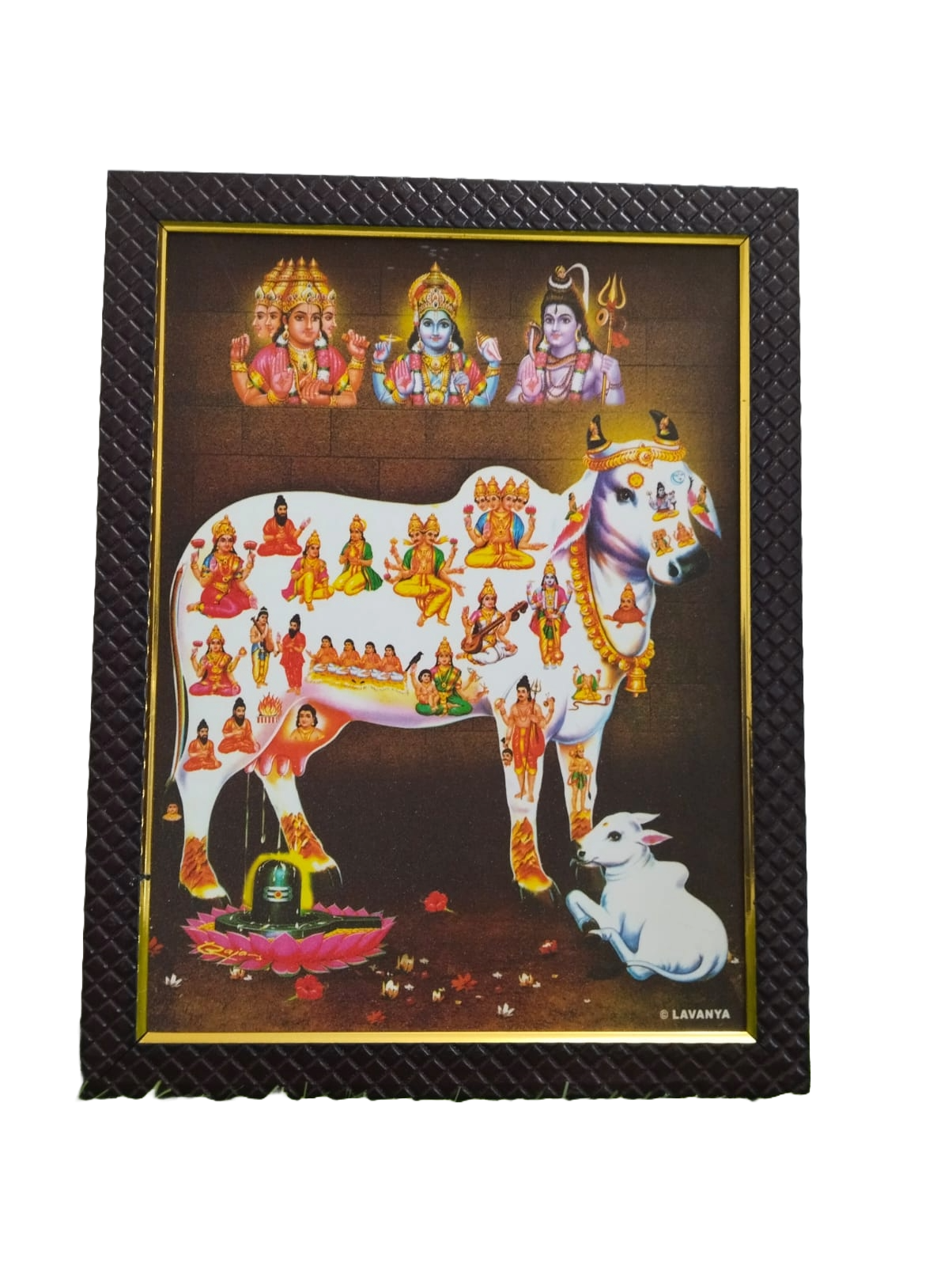 Lord Brahma Vishnu Mahesh with Kamadhenu Cow Printed Picture With Wooden Frame (12 * 9 inches)