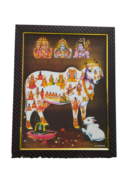 Lord Brahma Vishnu Mahesh with Kamadhenu Cow Printed Picture With Wooden Frame (12 * 9 inches)