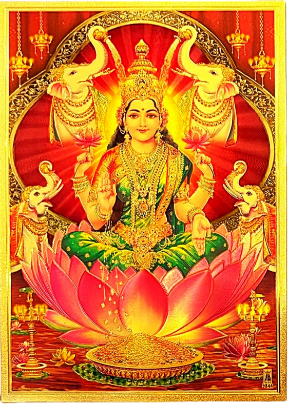 lakshmi devi seated on red lotus with two elephants on either side print on golden fibre sheet