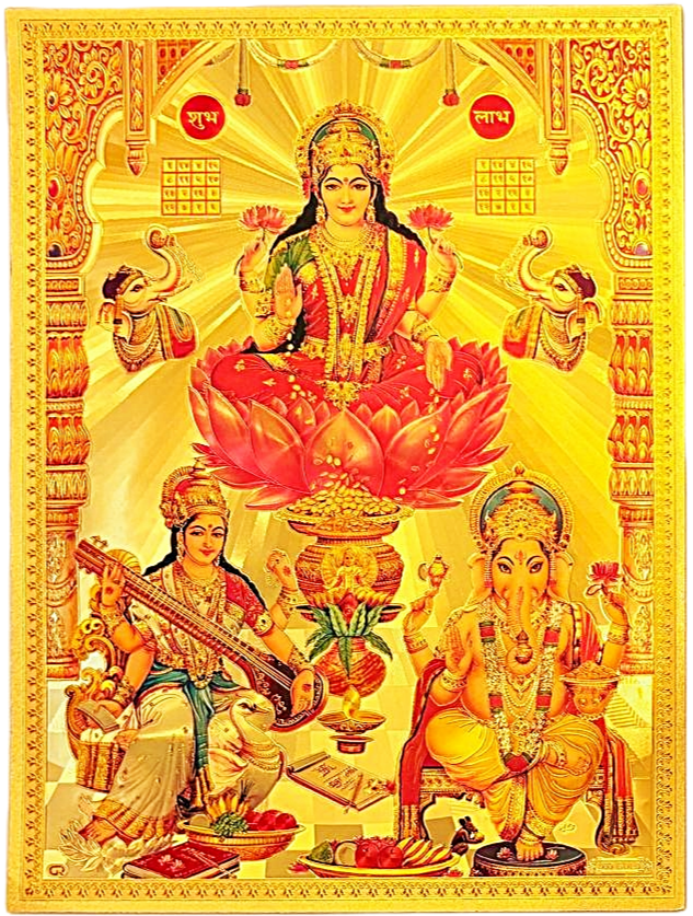 lakshmi devi seated on red lotus with two elephants on either side print on golden fibre sheet