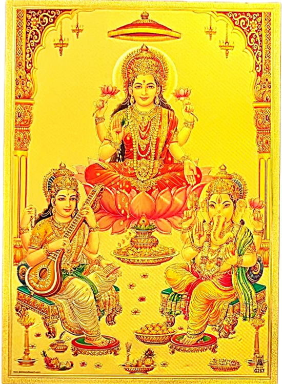 lakshmi devi seated on red lotus with two elephants on either side print on golden fibre sheet