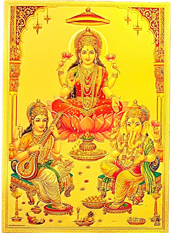 lakshmi devi seated on red lotus with two elephants on either side print on golden fibre sheet
