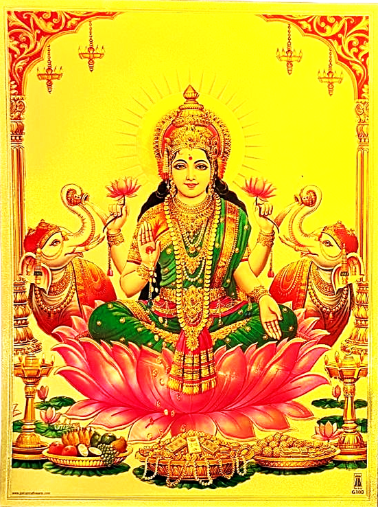 lakshmi devi seated on red lotus with two elephants on either side print on golden fibre sheet