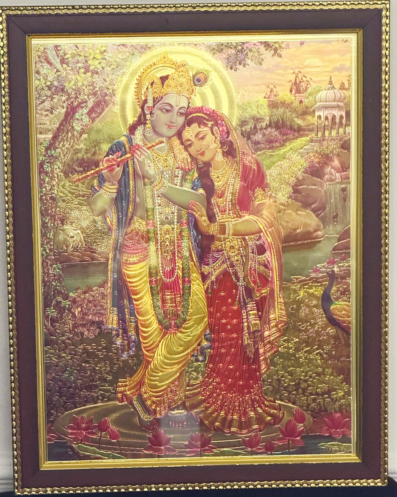 Lord radha krishna holding flute with waterfall in background and peacock multiple sizes