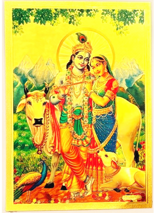 Lord radha krishna holding flute with waterfall in background and peacock multiple sizes