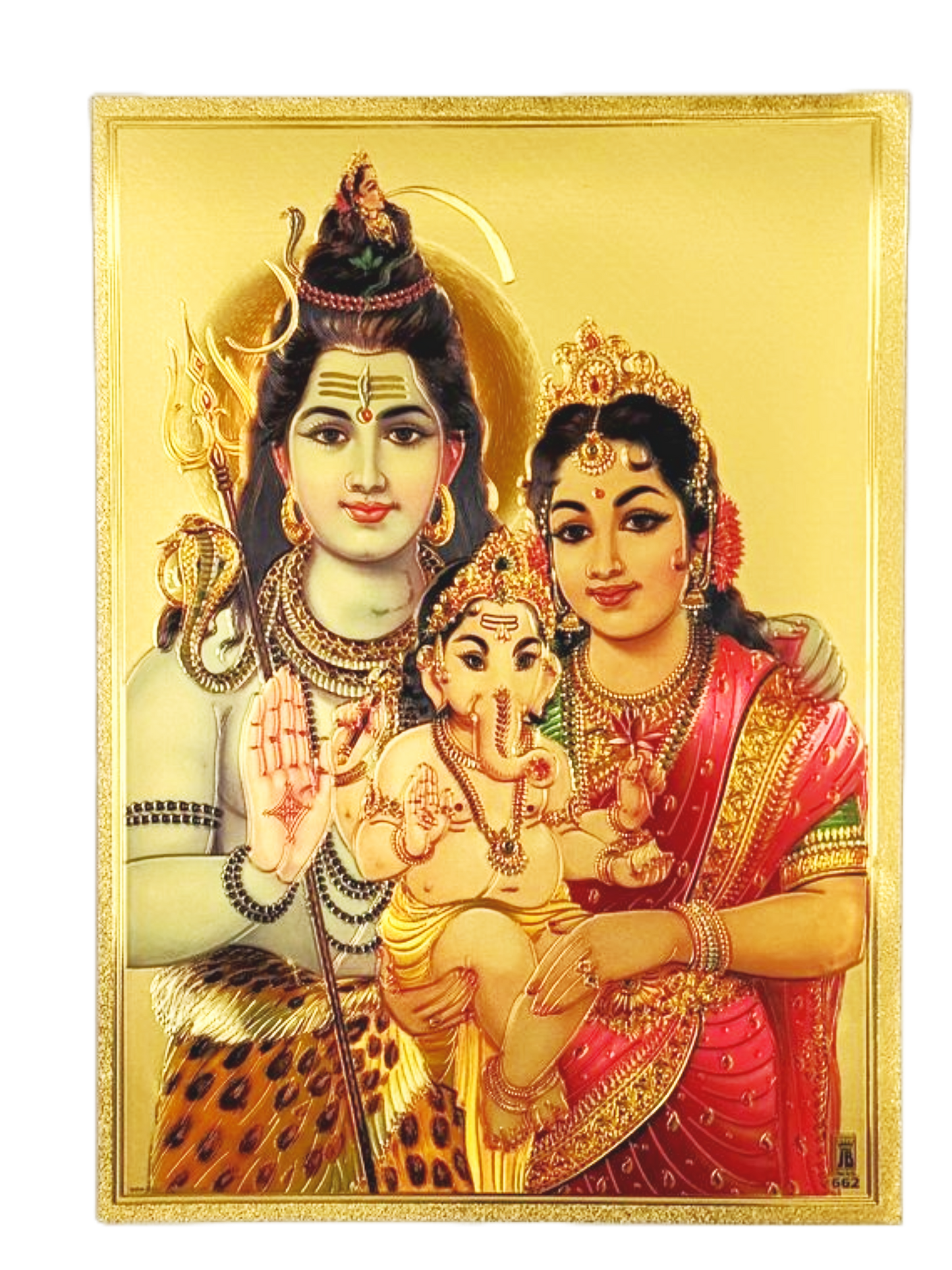 Lord Shiva Parvathi hodling lord ganesha in golden fibre sheet picture only (12 * 9 inches/ A3)