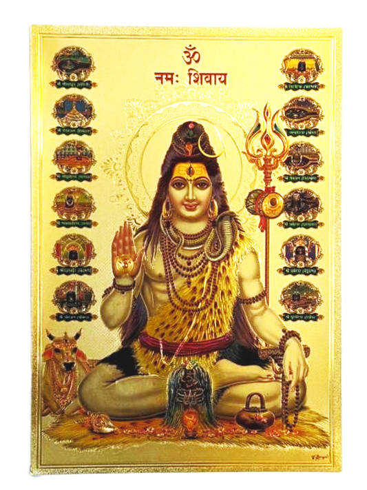 Lord shiva seated with shivling infront and panchakshari mantra inscribed on top of this golden fibre picture, also contains the images dwadasha lingams 12 * 9 inches