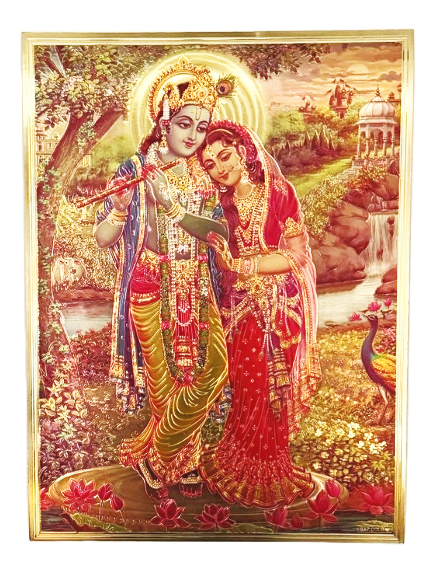 Lord radha krishna holding flute with waterfall in background and peacock multiple sizes