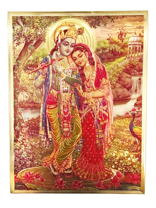 Lord radha krishna holding flute with waterfall in background and peacock multiple sizes