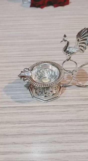 German Silver Peacock Handle Diya 🪔 – 5” Aarti Stand