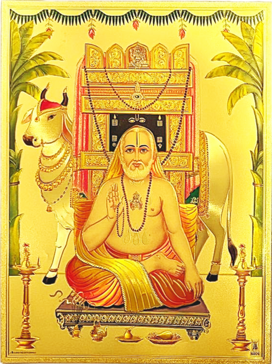 Raghavendra swamy sitting with abhaya mudra on golden fibre sheet in multiple sizes