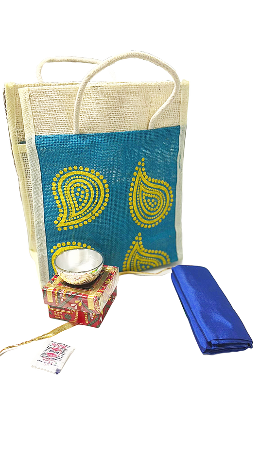 Return gift set wuth jute bag, Nakkashi bowl, blouse piece, turmeric kumkum pack and sompu