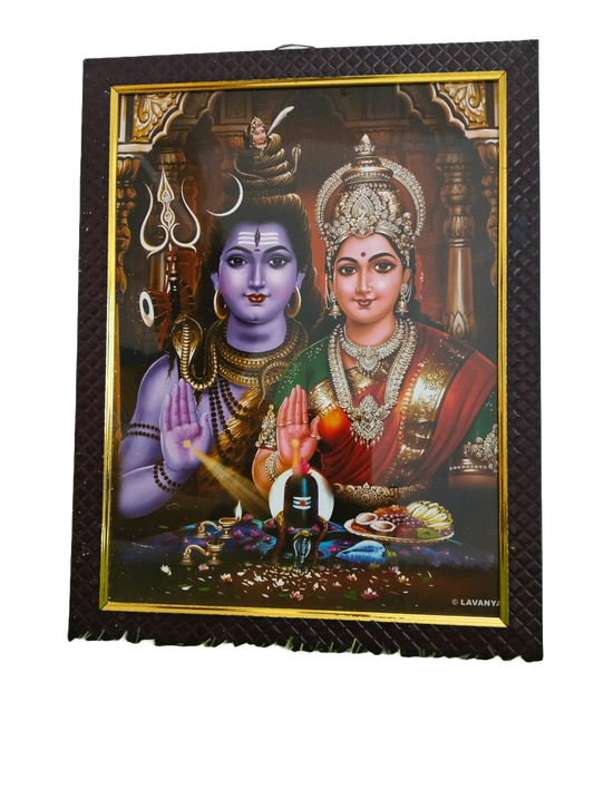 Lord Shiva & Parvati Both are Giving Blessing Poster Painting in Wood Frame (12 * 9 inches)
