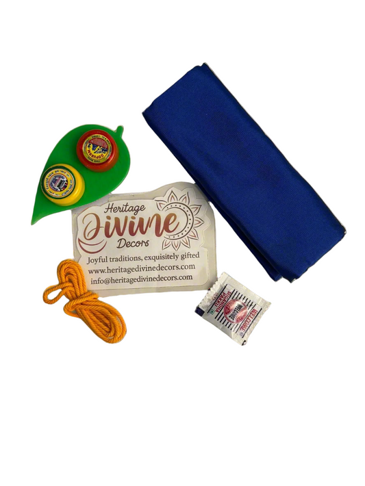 Violet blouse piece with turmeric, kumkum and yellow thread perfect for pooja return gift set